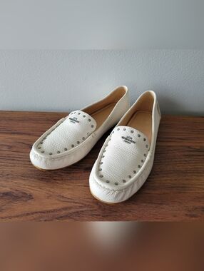 COACH Mckenna Driver studded white pebble leather loafer moccassins